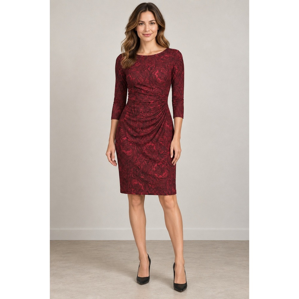 Lauren Ralph Lauren Red Black Paisley Ruched Sheath Dress Size 6 3/4 Sleeve